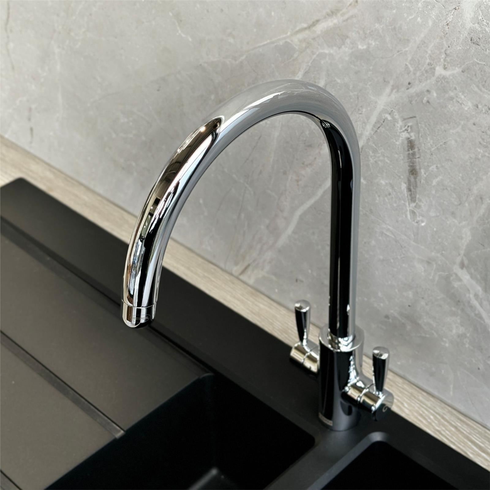 Franke Ascona Swan Neck Swivel Spout Mono Mixer Twin Lever Chrome Kitchen Tap